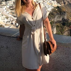 Cream Button Down Dress with Waist Tie